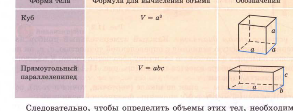 Таблица 11.1: куб V = a³, прямоугольный параллелепипед V = abc